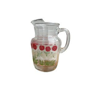 Vintage Anchor Hocking Pitcher Red White Green Chrysanthemum Pitcher Flowers